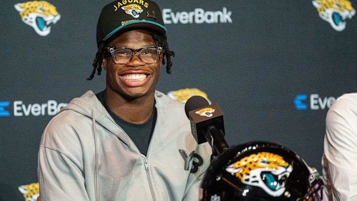 The Jacksonville Jaguars’ first-round pick, Colorado Buffaloes wide receiver and defensive back Travis Hunter, flashes his wide smile during a press conference Friday, March 25, 2025 at Miller Electric Center in Jacksonville, Fla. [Doug Engle/Florida Times-Union]