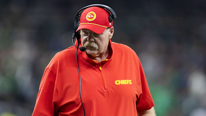 Feb 9, 2025; New Orleans, LA, USA;  Kansas City Chiefs head coach Andy Reid against the Philadelphia Eagles in Super Bowl LIX at Ceasars Superdome. Mandatory Credit: Mark J. Rebilas-Imagn Images