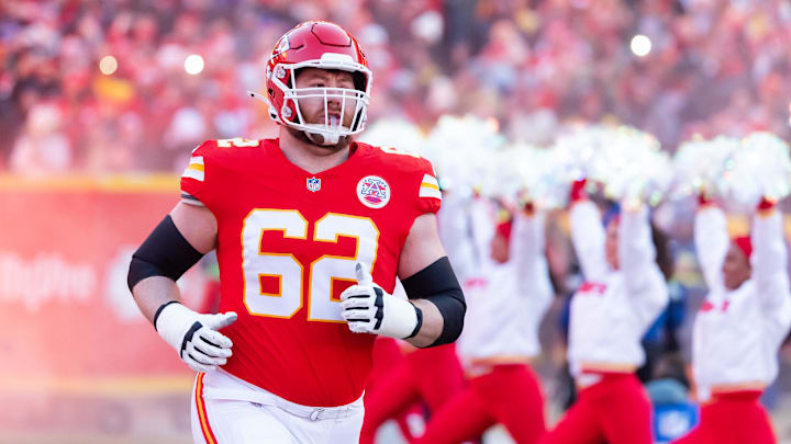 Jan 26, 2025; Kansas City, MO, USA; Kansas City Chiefs guard Joe Thuney (62) against the Buffalo Bills in the AFC Championship game at GEHA Field at Arrowhead Stadium. Mandatory Credit: Mark J. Rebilas-Imagn Images