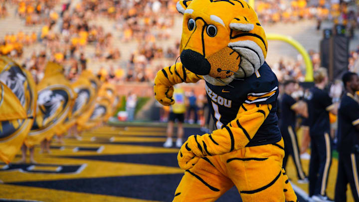 Aug 29, 2024; Columbia, Missouri, USA; The Missouri Tigers mascot Truman performs during pre-game ceremonies against the Murray State Racers prior to a game at Faurot Field at Memorial Stadium. Mandatory Credit: Denny Medley-Imagn Images