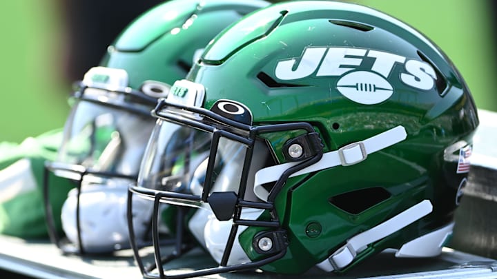 Sep 12, 2021; Charlotte, North Carolina, USA;  New York Jets helmets on the sidelines at Bank of America Stadium. Mandatory Credit: Bob Donnan-Imagn Images