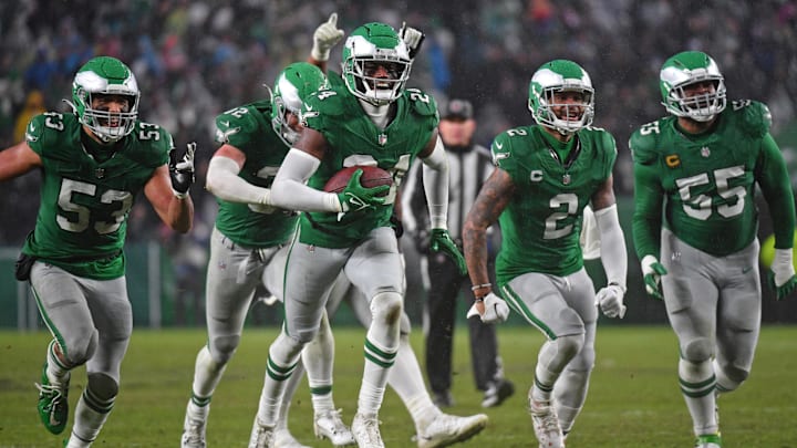 Nov 26, 2023; Philadelphia, Pennsylvania, USA; Philadelphia Eagles cornerback James Bradberry (24) celebrates his interception against the Buffalo Bills at Lincoln Financial Field. Mandatory Credit: Eric Hartline-Imagn Images
