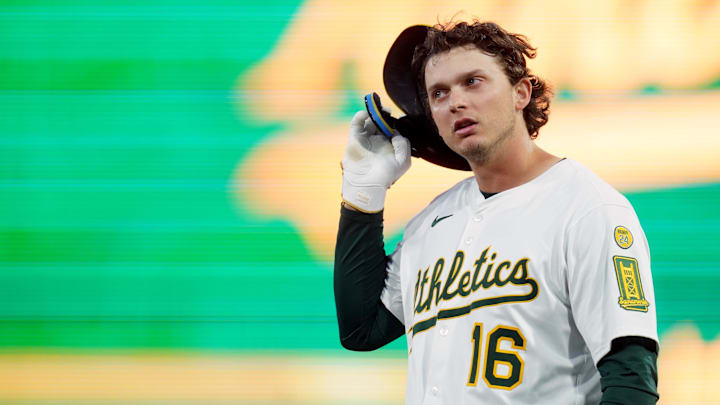 Athletics first baseman Nick Kurtz (16) takes off his helmet after a play against the Texas Rangers in the second inning at Sutter Health Park. Athletics first baseman Nick Kurtz (16) takes off his helmet after a play against the Texas Rangers in the second inning at Sutter Health Park.