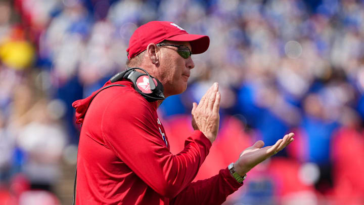 Sep 28, 2024; Kansas City, Missouri, USA; Kansas Jayhawks head coach Lance Leipold celebrates on field after scoring against the TCU Horned Frogs during the first half at GEHA Field at Arrowhead Stadium. Mandatory Credit: Denny Medley-Imagn Images
