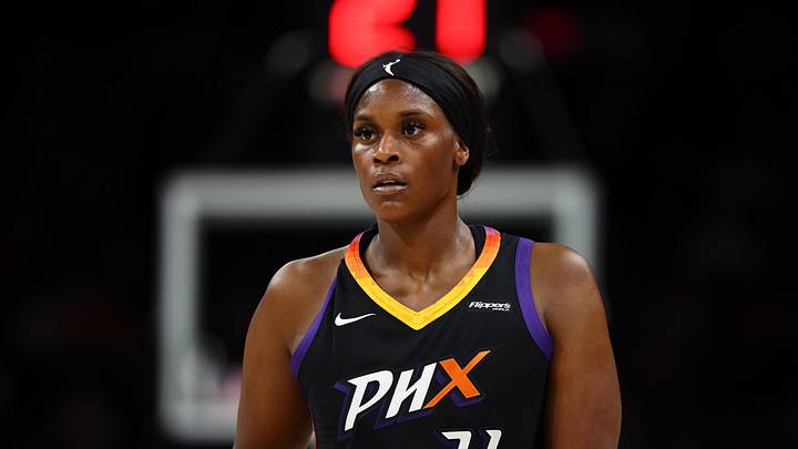Sep 9, 2025; Phoenix, Arizona, USA; Phoenix Mercury center Kalani Brown (21) against the Los Angeles Sparks during a WNBA game at PHX Arena. Mandatory Credit: Mark J. Rebilas-Imagn Images