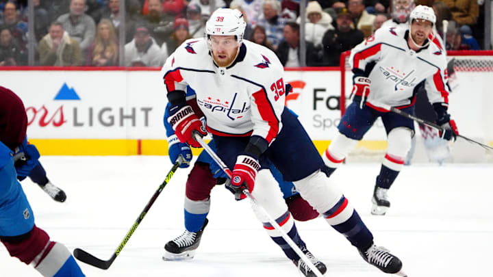 Jan 24, 2024; Denver, Colorado, USA; Washington Capitals right wing Anthony Mantha (39) controls the