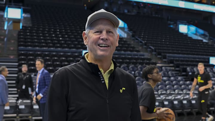 Oct 27, 2023; Salt Lake City, Utah, USA; Utah Jazz CEO Danny Ainge before a game against the Los Angeles Clippers at Delta Center. Mandatory Credit: Rob Gray-Imagn Images