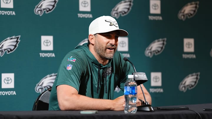 Jun 10, 2025; Philadelphia, PA, USA; Philadelphia Eagles head coach Nick Sirianni addresses media during a press conference at NovaCare Complex. Mandatory Credit: Kyle Ross-Imagn Images