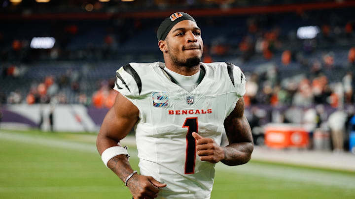 Sep 29, 2025; Denver, Colorado, USA; Cincinnati Bengals wide receiver Ja'Marr Chase (1) looks on after the game against the Denver Broncos at Empower Field at Mile High. Mandatory Credit: Isaiah J. Downing-Imagn Images