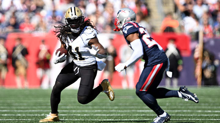 Oct 8, 2023; Foxborough, Massachusetts, USA; New Orleans Saints running back Alvin Kamara (41)