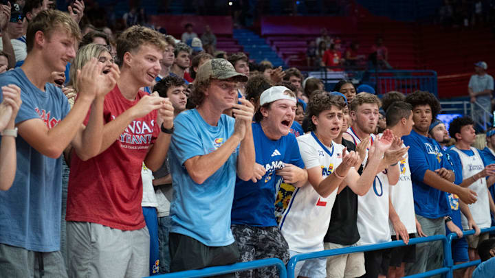Students cheer during Late Night in the Phog, Friday, Oct. 17, 2025 at Allen Fieldhouse . Students cheer during Late Night in the Phog, Friday, Oct. 17, 2025 at Allen Fieldhouse .