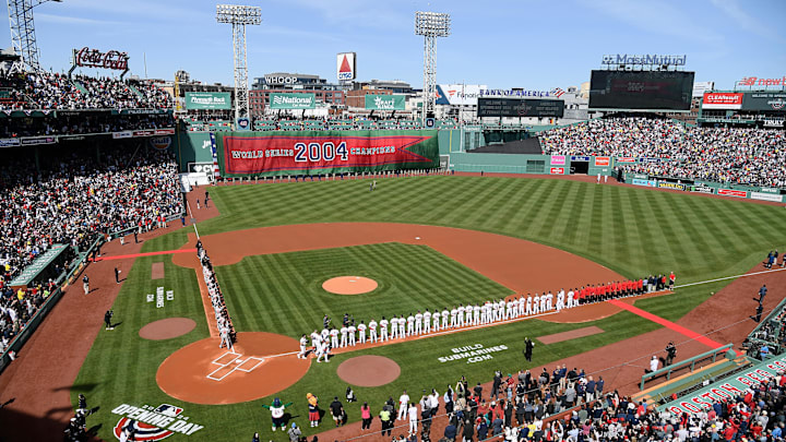 Apr 9, 2024; Boston, Massachusetts, USA; Opening day ceremonies at Fenway Park before a game between the Boston Red Sox and the Baltimore Orioles. Mandatory Credit: Eric Canha-Imagn Images