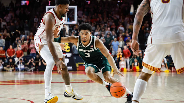 Feb 1, 2025; Los Angeles, California, USA;  Michigan State Spartans guard Jaden Akins (3) dribbles the ball against the Michigan State Spartans during the second half at Galen Center. Mandatory Credit: William Navarro-Imagn Images