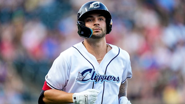Columbus Clippers infielder C.J. Kayfus (12) runs to the dugout during the game against the Buffalo Bisons at Huntington Park on Tuesday, July 22, 2025 in Columbus, Ohio.