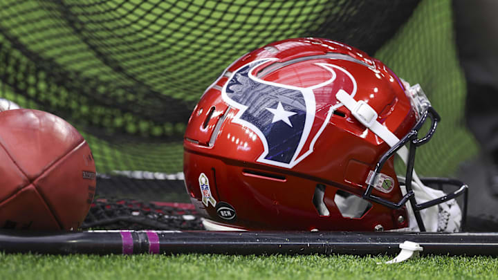 Nov 19, 2023; Houston, Texas, USA; View of a Houston Texans battle red helmet before the game against the Arizona Cardinals at NRG Stadium. Mandatory Credit: Troy Taormina-Imagn Images Nov 19, 2023; Houston, Texas, USA; View of a Houston Texans battle red helmet before the game against the Arizona Cardinals at NRG Stadium. Mandatory Credit: Troy Taormina-Imagn Images