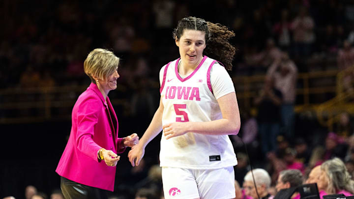 Iowa center Ava Heiden (5) checks out of the game against the Washington Huskies Feb. 11, 2026 at Carver-Hawkeye Arena in Iowa City, Iowa. Iowa center Ava Heiden (5) checks out of the game against the Washington Huskies Feb. 11, 2026 at Carver-Hawkeye Arena in Iowa City, Iowa.