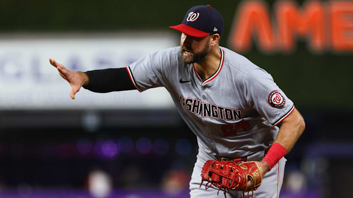 Sep 4, 2024; Miami, Florida, USA; Washington Nationals first baseman Joey Gallo (24) runs to first base to retire Miami Marlins designated hitter Jonah Bride (not pictured) during the second inning at loanDepot Park.