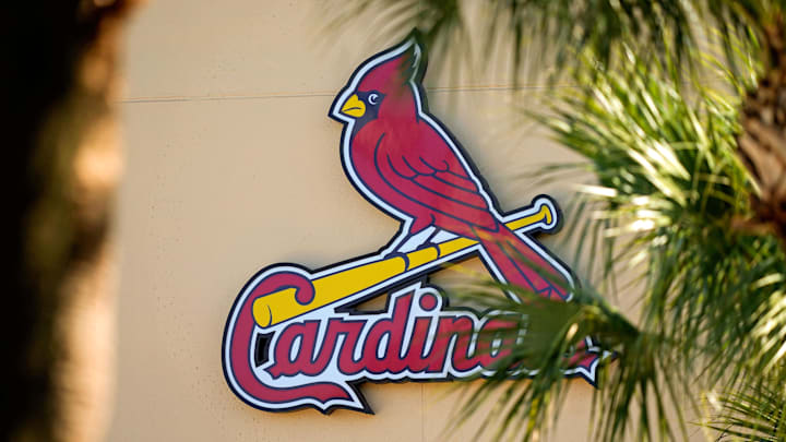 Feb 26, 2021; Jupiter, Florida, USA; A general view of the St. Louis Cardinals logo on the stadium at Roger Dean Stadium during spring training workouts. Mandatory Credit: Jasen Vinlove-Imagn Images