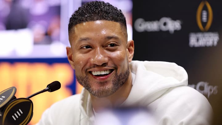 Jan 18, 2025; Atlanta, GA, USA; Notre Dame Fighting Irish head coach Marcus Freeman talks to the media during 2025 CFP National Championship Media Day at Georgia World Congress Center, Building A. 
