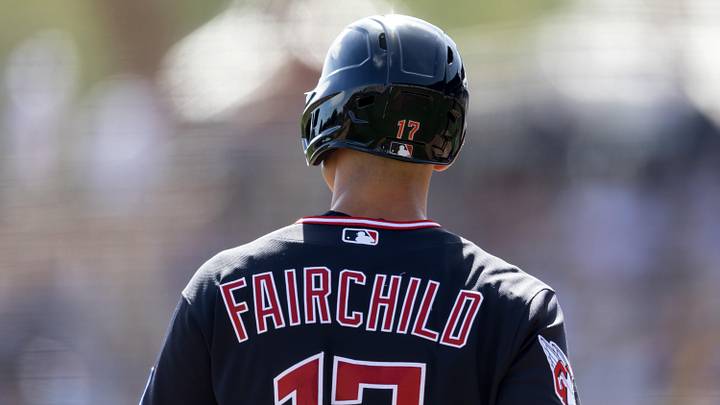 Feb 24, 2026; Phoenix, Arizona, USA; Cleveland Guardians outfielder Stuart Fairchild against the Los Angeles Dodgers during a spring training game at Camelback Ranch-Glendale. Mandatory Credit: Mark J. Rebilas-Imagn Images Feb 24, 2026; Phoenix, Arizona, USA; Cleveland Guardians outfielder Stuart Fairchild against the Los Angeles Dodgers during a spring training game at Camelback Ranch-Glendale. Mandatory Credit: Mark J. Rebilas-Imagn Images