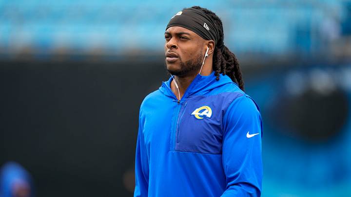 Los Angeles Rams wide receiver Davante Adams (17) during pregame warm ups before the NFC Wild Card Round game between the Carolina Panthers and the Los Angeles Rams at Bank of America Stadium. 