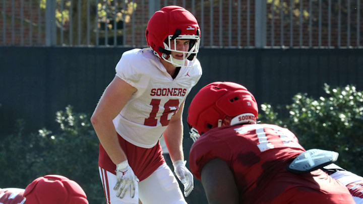 Oklahoma linebacker Cole Sullivan before a snap during one of the Sooners' spring practices.