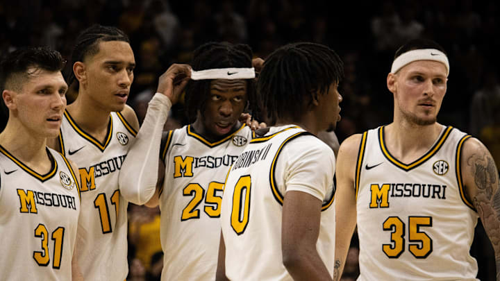 Feb 19, 2025; Columbia, Missouri, USA; Missouri Tigers players huddle in the second half of a game against the Alabama Crimson Tide at Mizzou Arena.