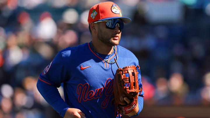 Feb 24, 2026; Port St. Lucie, Florida, USA; New York Mets third baseman Bo Bichette (19) returns to the dugout against the Houston Astros during the third inning at Clover Park. Mandatory Credit: Sam Navarro-Imagn Images