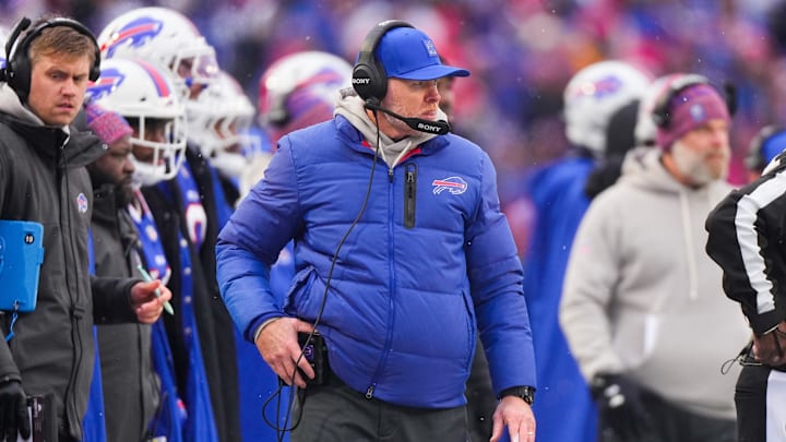 Dec 7, 2025; Orchard Park, New York, USA; Buffalo Bills head coach Sean McDermott looks on during the fourth quarter against the Cincinnati Bengals