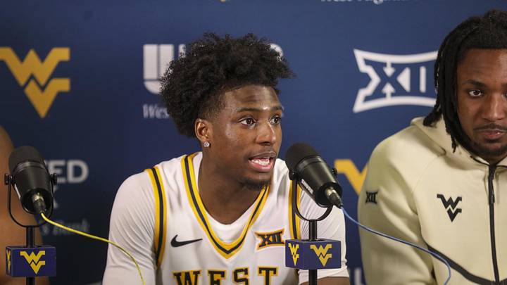 Mar 6, 2026; Morgantown, West Virginia, USA; West Virginia Mountaineers guard Honor Huff (3) speaks to the media after defeating the UCF Knights at Hope Coliseum. Mandatory Credit: Ben Queen-Imagn Images