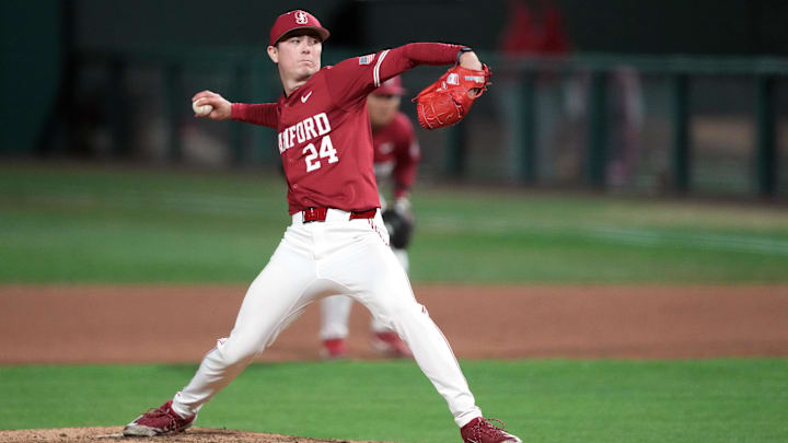 Mar 1, 2025; Stanford, CA, USA; Stanford Cardinal pitcher Aidan Keenan (24) throws a pitch against the Xavier Musketeers during the ninth inning at Sunken Diamond. Mandatory Credit: Darren Yamashita-Imagn Images