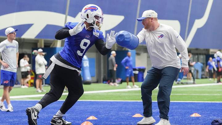 Jun 9, 2026; Orchard Park, NY, USA; Buffalo Bills linebacker Bradley Chubb (9) trains during Minicamp Jun 9, 2026; Orchard Park, NY, USA; Buffalo Bills linebacker Bradley Chubb (9) trains during Minicamp