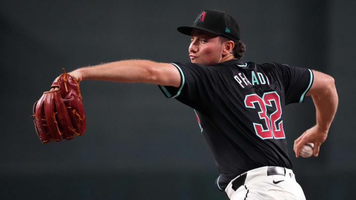 Jun 30, 2024; Phoenix, Arizona, USA; Arizona Diamondbacks pitcher Brandon Pfaadt (32) pitches against the Oakland Athletics during the first inning at Chase Field. Mandatory Credit: Joe Camporeale-USA TODAY Sports