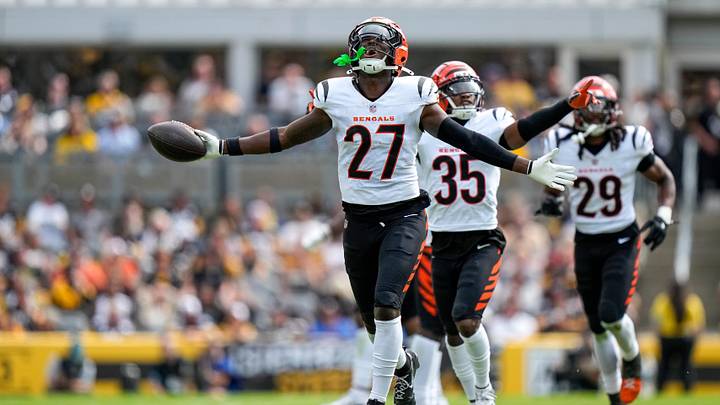 Cincinnati Bengals safety Jordan Battle (27) celebrates an interception in the second quarter of the NFL Week 3 game between the Pittsburgh Steelers and the Cincinnati Bengals at Acrisure Stadium in Pittsburgh on Sunday, Sept. 27, 2026. . Cincinnati Bengals safety Jordan Battle (27) celebrates an interception in the second quarter of the NFL Week 3 game between the Pittsburgh Steelers and the Cincinnati Bengals at Acrisure Stadium in Pittsburgh on Sunday, Sept. 27, 2026. .