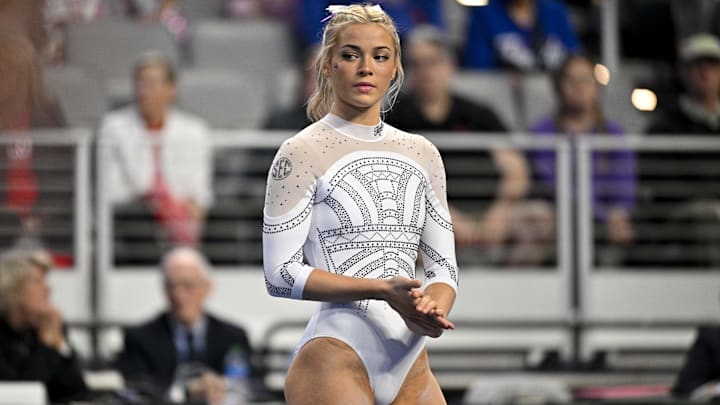 LSU Tigers gymnast Livvy Dunne warms up on floor before the start of the 2024 Womens National Gymnastics Championship at Dickies Arena. 