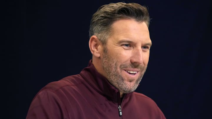 Feb 25, 2025; Indianapolis, IN, USA; Washington Commanders general manager Adam Peters speaks during the NFL Scouting Combine at the Indiana Convention Center. Mandatory Credit: Kirby Lee-Imagn Images