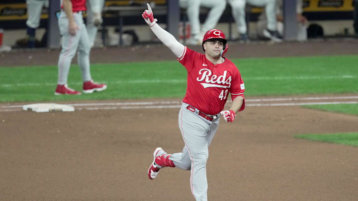 Cincinnati Reds third baseman Sal Stewart (43) watches his solo home run during the sixth inning of their game against the Milwaukee Brewers Saturday, September 27, 2025 at American Family Field in Milwaukee, Wisconsin.