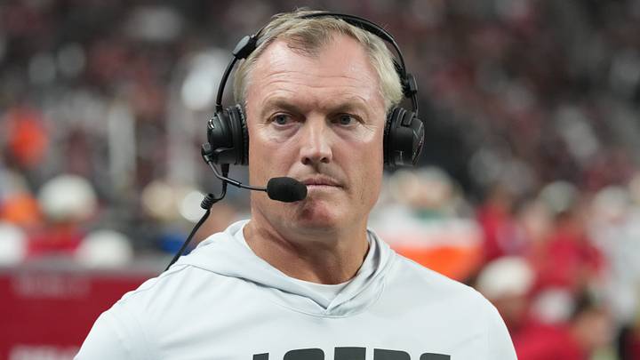 Aug 27, 2026; Paradise, Nevada, USA;  San Francisco 49ers president of football operations John Lynch looks on from the sideline against the Las Vegas Raiders during the second quarter at Allegiant Stadium.  Mandatory Credit: Kirby Lee-Imagn Images