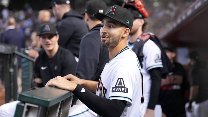 Oct 21, 2023; Phoenix, Arizona, USA; Arizona Diamondbacks shortstop Jordan Lawlar (10) before game five of the NLCS for the 2023 MLB playoffs against the Philadelphia Phillies at Chase Field. Mandatory Credit: Joe Camporeale-Imagn Images