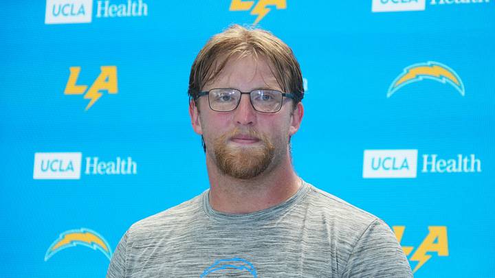 Aug 18, 2026; El Segundo, CA, USA; Los Angeles Chargers center Jake Slaughter (66) at press conference during joint practice with the San Francisco 49ers at The Bolt. Mandatory Credit: Kirby Lee-Imagn Images
