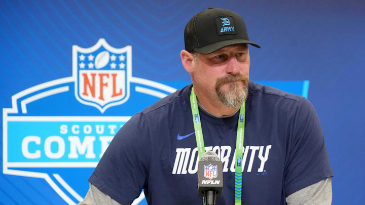 Feb 25, 2025; Indianapolis, IN, USA; Detroit Lions coach Dan Campbell speaks during the NFL Scouting Combine at the Indiana Convention Center.