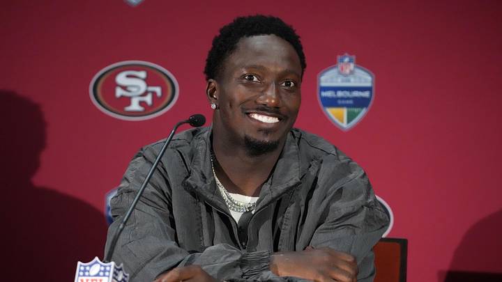 Sep 11, 2026; Melbourne, Victoria, Australia; San Francisco 49ers wide receiver Deebo Samuel Sr. (19) at press conference after the 2026 NFL Melbourne Game against the Los Angeles Rams at Melbourne Cricket Ground. Mandatory Credit: Kirby Lee-Imagn Images