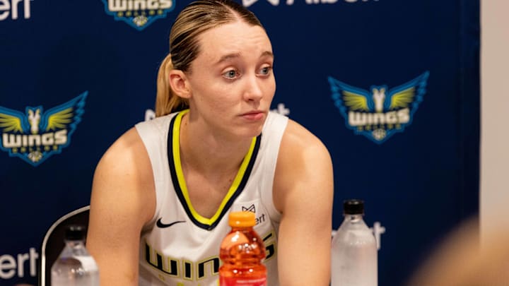 Dallas Wings rookie Paige Bueckers talks to media after a game. Dallas Wings rookie Paige Bueckers talks to media after a game.