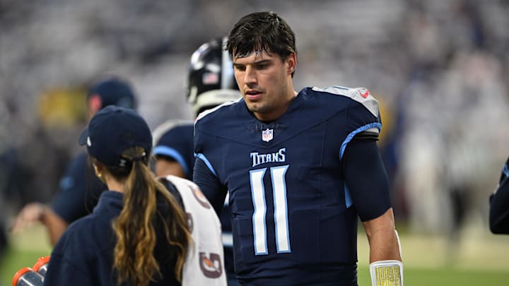 Indianapolis, Indiana, USA; Tennessee Titans quarterback Mason Rudolph (11) stands on the field during warm ups before the game against the Indianapolis Colts at Lucas Oil Stadium. Mandatory Credit: Marc Lebryk-Imagn Images