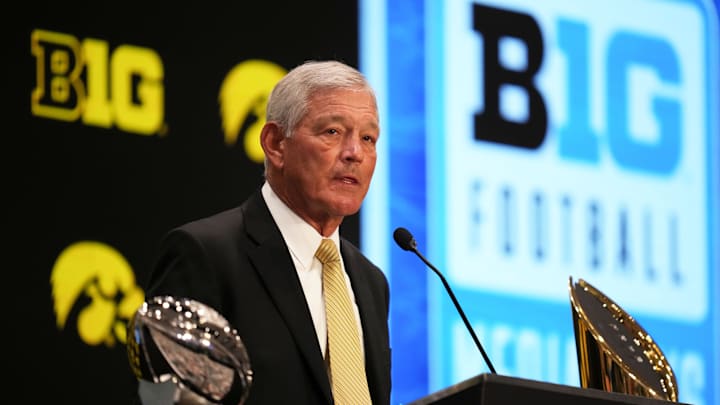 Jul 24, 2025; Las Vegas, NV, USA; Iowa head coach Kirk Ferentz speaks to the media during the Big Ten NCAA college football media days at Mandalay Bay Resort. Mandatory Credit: Lucas Peltier-Imagn Images