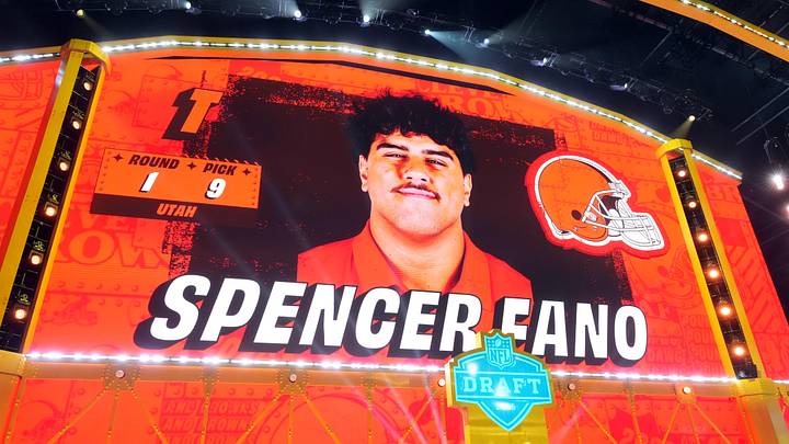 Apr 23, 2026; Pittsburgh, PA, USA; Utah Utes offensive tackle Spencer Fano is selected by the Cleveland Browns as the number nine pick during the 2026 NFL Draft at Acrisure Stadium. Mandatory Credit: Kirby Lee-Imagn Images