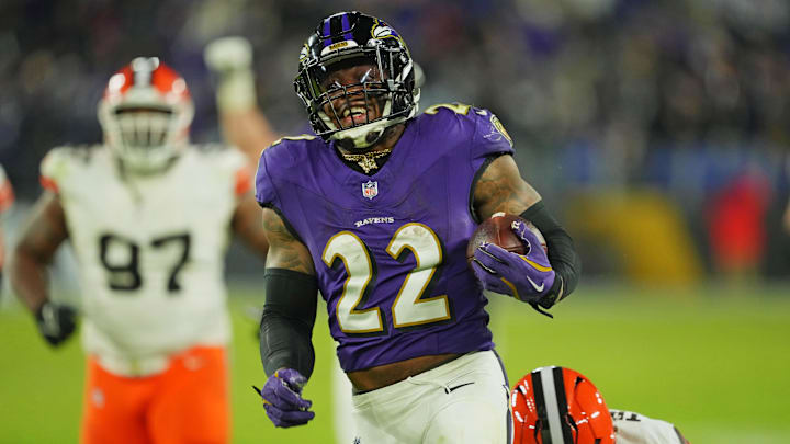 Jan 4, 2025; Baltimore, Maryland, USA; Baltimore Ravens running back Derrick Henry (22) runs for a touchdown during the fourth quarter against the Cleveland Browns at M&T Bank Stadium. Mandatory Credit: Mitch Stringer-Imagn Images Jan 4, 2025; Baltimore, Maryland, USA; Baltimore Ravens running back Derrick Henry (22) runs for a touchdown during the fourth quarter against the Cleveland Browns at M&T Bank Stadium. Mandatory Credit: Mitch Stringer-Imagn Images
