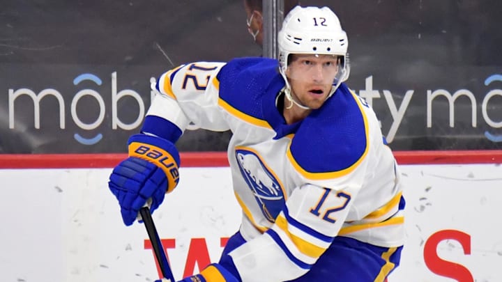 Mar 9, 2021; Philadelphia, Pennsylvania, USA; Buffalo Sabres center Eric Staal (12) during the first period against the Philadelphia Flyers at Wells Fargo Center. Mandatory Credit: Eric Hartline-Imagn Images