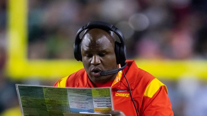 Feb 12, 2023; Glendale, Arizona, US; Kansas City Chiefs offensive coordinator Eric Bieniemy against the Philadelphia Eagles during Super Bowl LVII at State Farm Stadium. Mandatory Credit: Mark J. Rebilas-Imagn Images Feb 12, 2023; Glendale, Arizona, US; Kansas City Chiefs offensive coordinator Eric Bieniemy against the Philadelphia Eagles during Super Bowl LVII at State Farm Stadium. Mandatory Credit: Mark J. Rebilas-Imagn Images