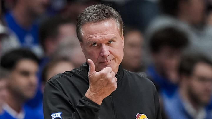 Nov 11, 2025; Lawrence, Kansas, USA; Kansas Jayhawks head coach Bill Self reacts during the first half against the Texas A&M-Corpus Christi Islanders at Allen Fieldhouse. Mandatory Credit: Jay Biggerstaff-Imagn Images